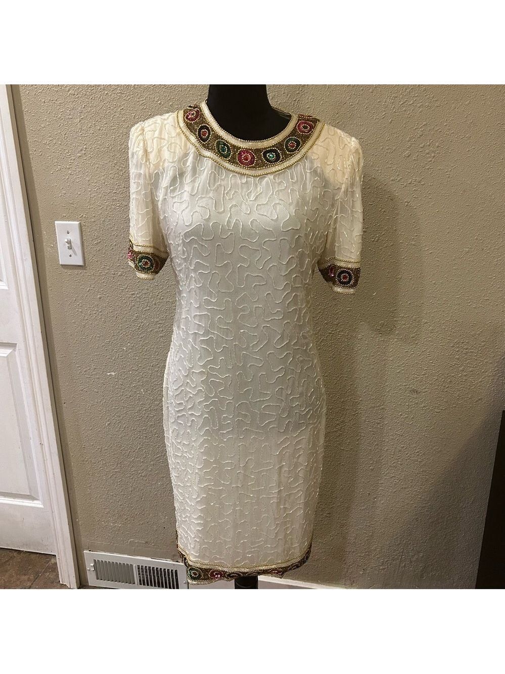 Laurence Kazar Vintage Beaded 100% Silk Cocktail Dress Medium Ivory Rayon Lining